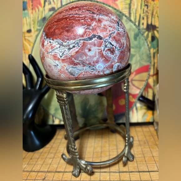 Polished Marble Stone Sphere 4.25”D w Metal Display Stand Pink Red Orange Shades - Picture 1 of 8